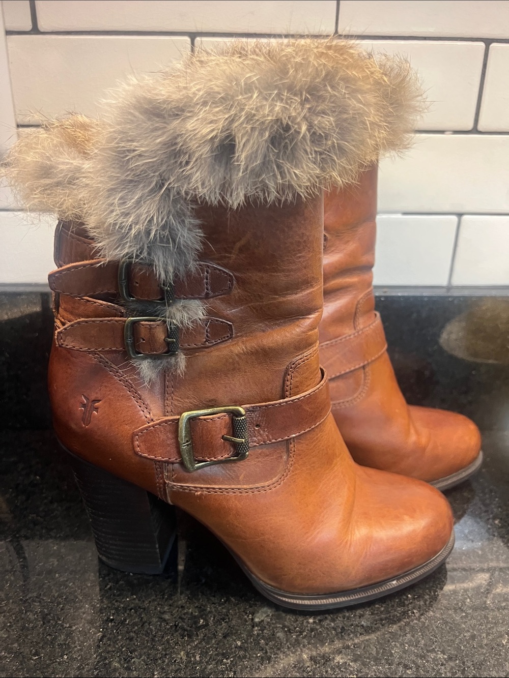 Frye Cognac Leather Fur-Cuff Buckle Ankle Boots